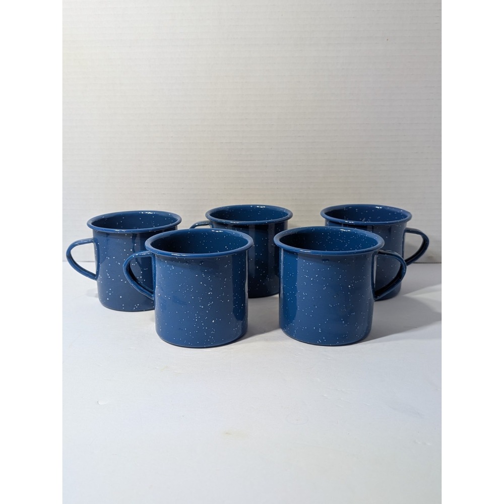 5 Vintage Blue White Speckled Enamel Metal Coffee Mugs Camping Cups